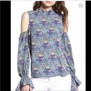 NWT Anthropologie Boho Cold Shoulder Flutter Sleeve Ruffle Neck Floral Blouse XS